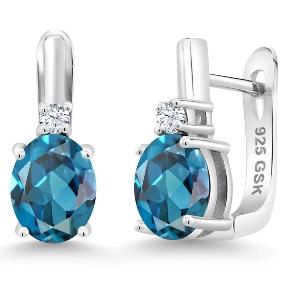 925 Sterling Silver with 3.70 Cttw London Blue Topaz and White Sapphire Earrings